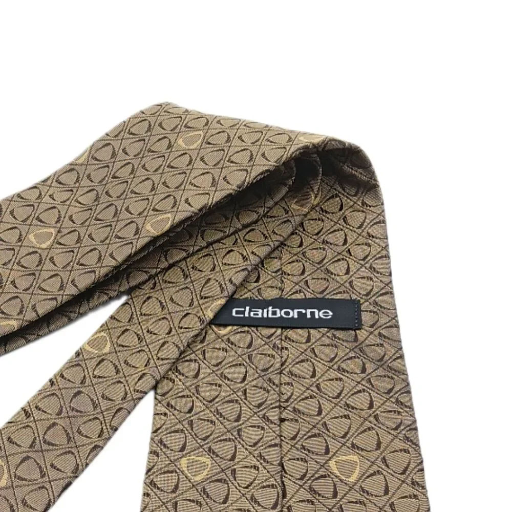 Claiborne Silk Tie Mens 59.5” Olive Green Black Geometric Designer Wide New
